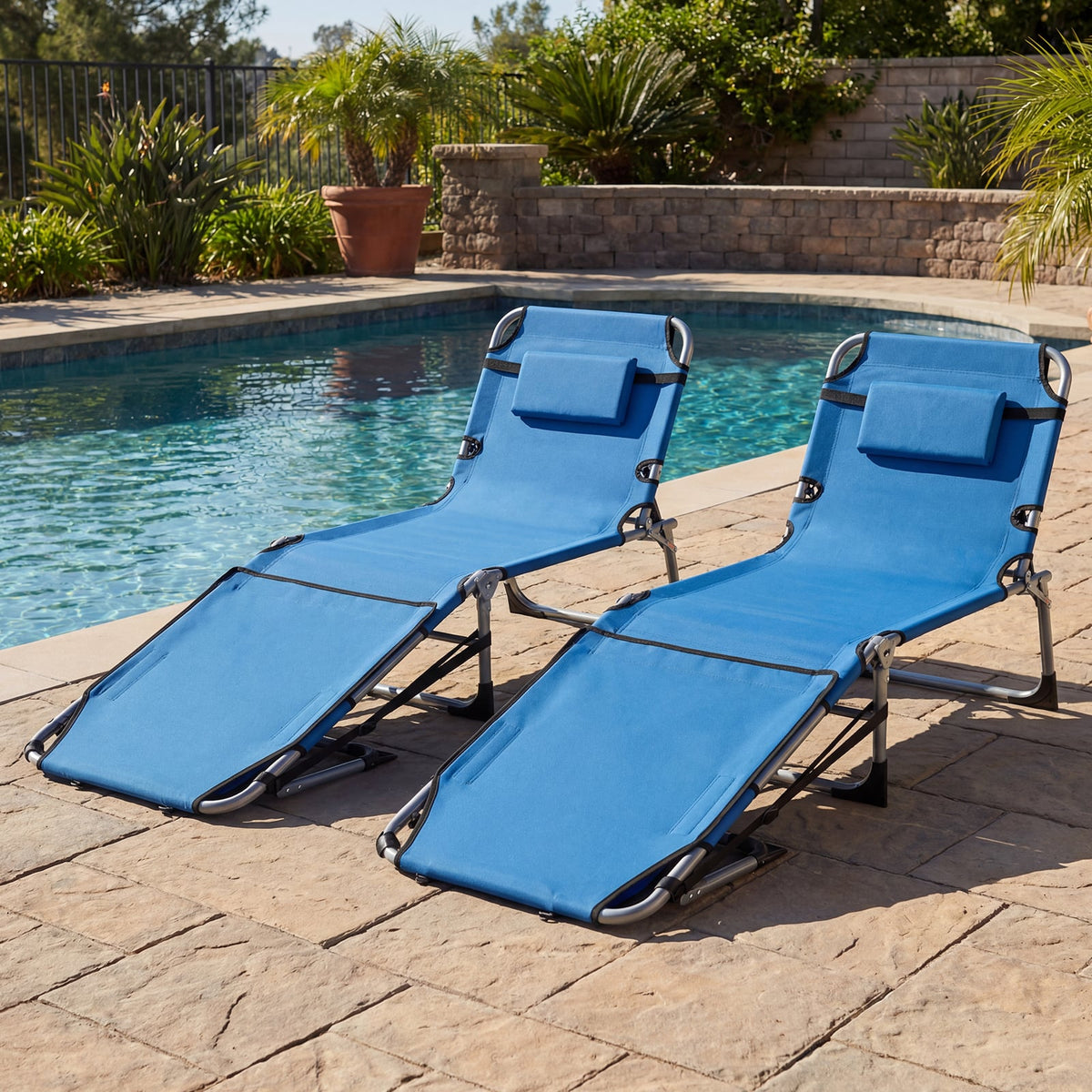 Set of 2 Tanning Chairs with Face Arm Holes Portable with 4-Level Backrest-Blue-Outdoor Chaise Lounges-DECOROLALA