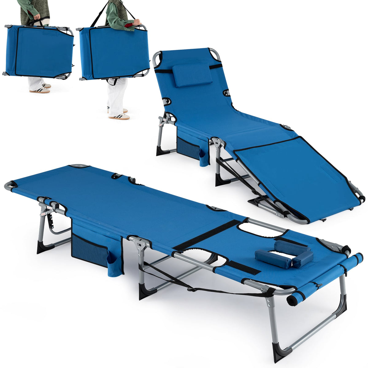 Set of 2 Tanning Chairs with Face Arm Holes Portable with 4-Level Backrest-Blue-Outdoor Chaise Lounges-DECOROLALA
