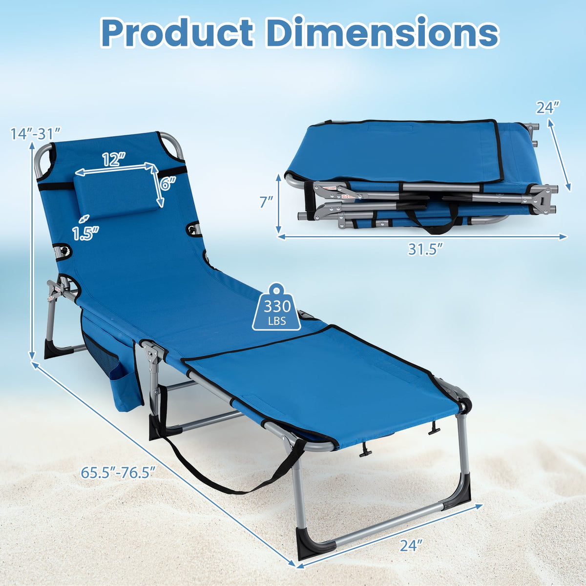 Set of 2 Tanning Chairs with Face Arm Holes Portable with 4-Level Backrest-Blue-Outdoor Chaise Lounges-DECOROLALA
