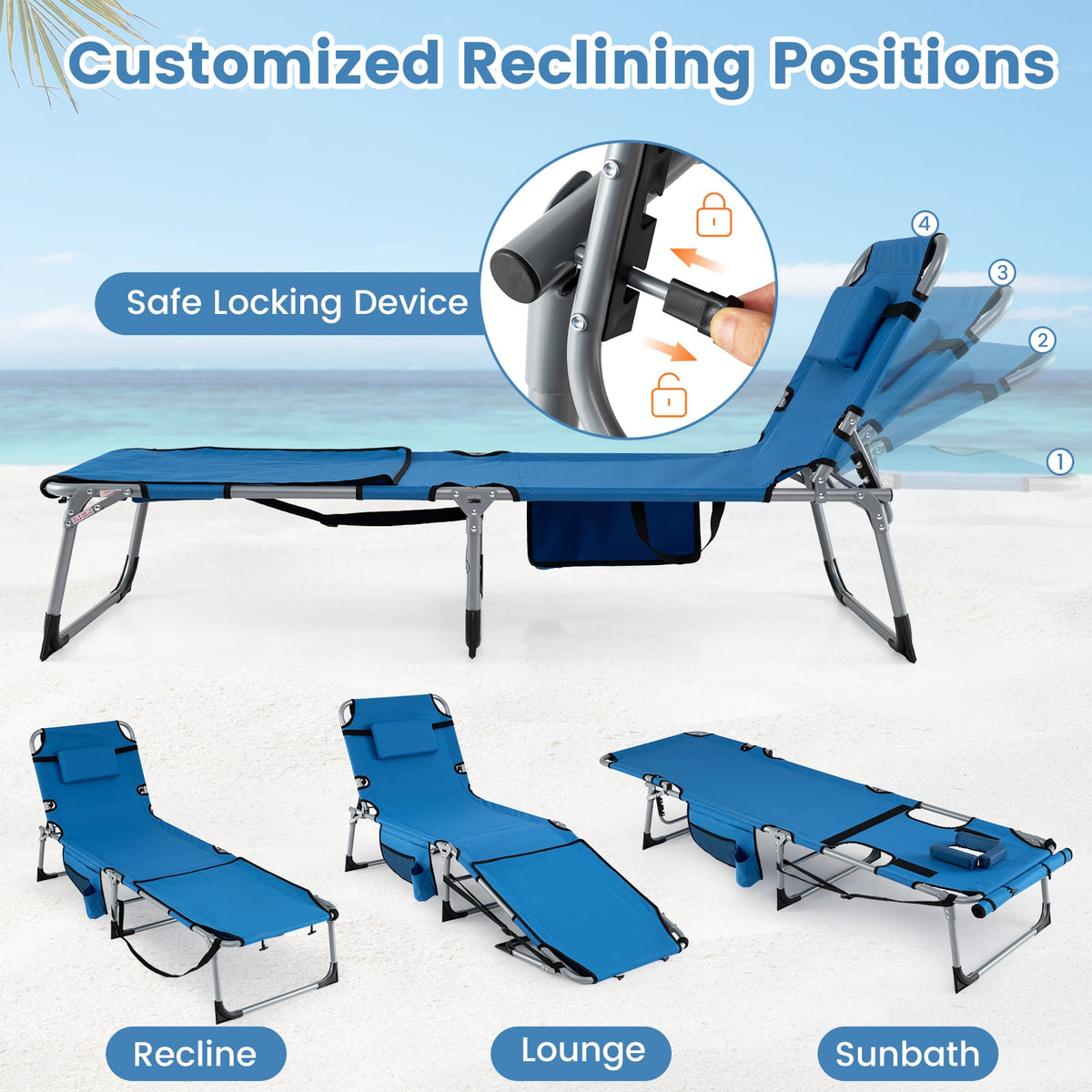 Set of 2 Tanning Chairs with Face Arm Holes Portable with 4-Level Backrest-Blue-Outdoor Chaise Lounges-DECOROLALA
