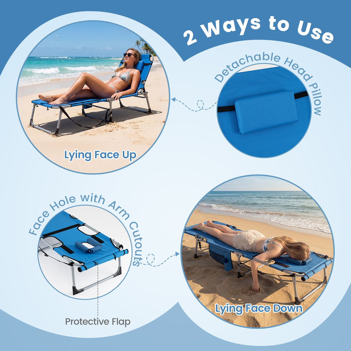 Set of 2 Tanning Chairs with Face Arm Holes Portable with 4-Level Backrest-Blue-Outdoor Chaise Lounges-DECOROLALA