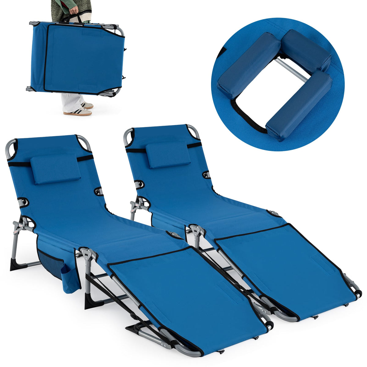 Set of 2 Tanning Chairs with Face Arm Holes Portable with 4-Level Backrest-Blue-Outdoor Chaise Lounges-DECOROLALA