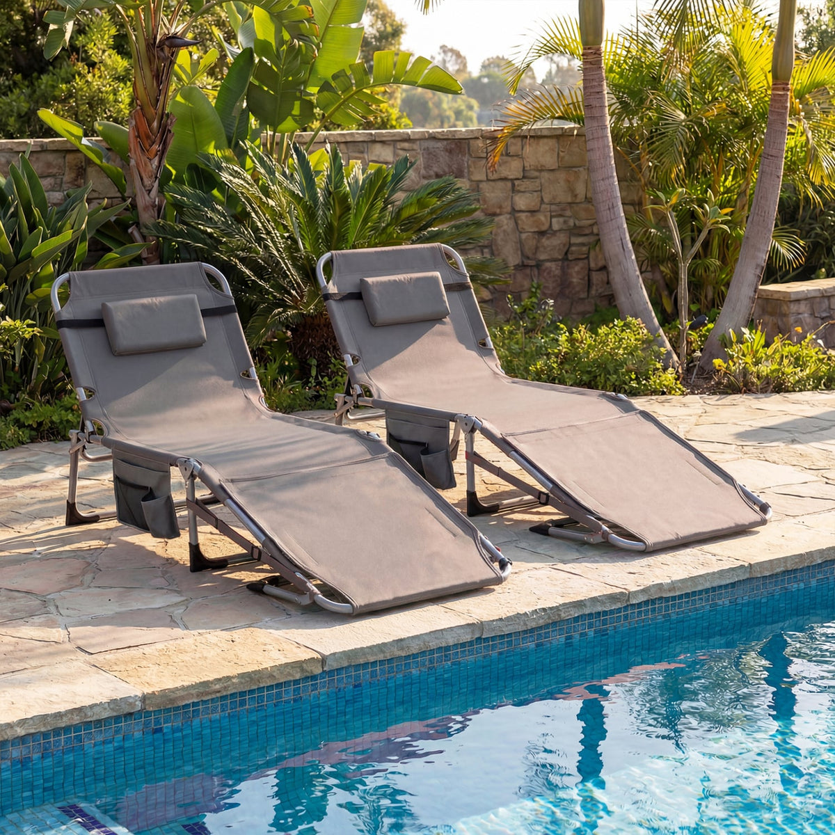 Set of 2 Tanning Chairs with Face Arm Holes Portable with 4-Level Backrest-Gray-Outdoor Chaise Lounges-DECOROLALA