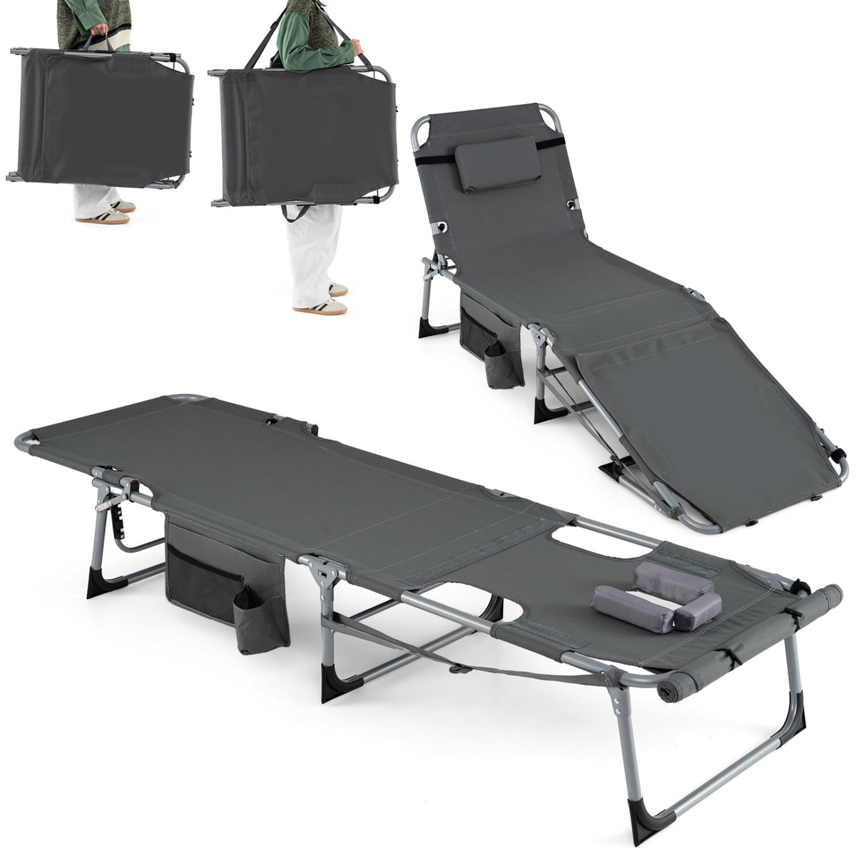 Set of 2 Tanning Chairs with Face Arm Holes Portable with 4-Level Backrest-Gray-Outdoor Chaise Lounges-DECOROLALA