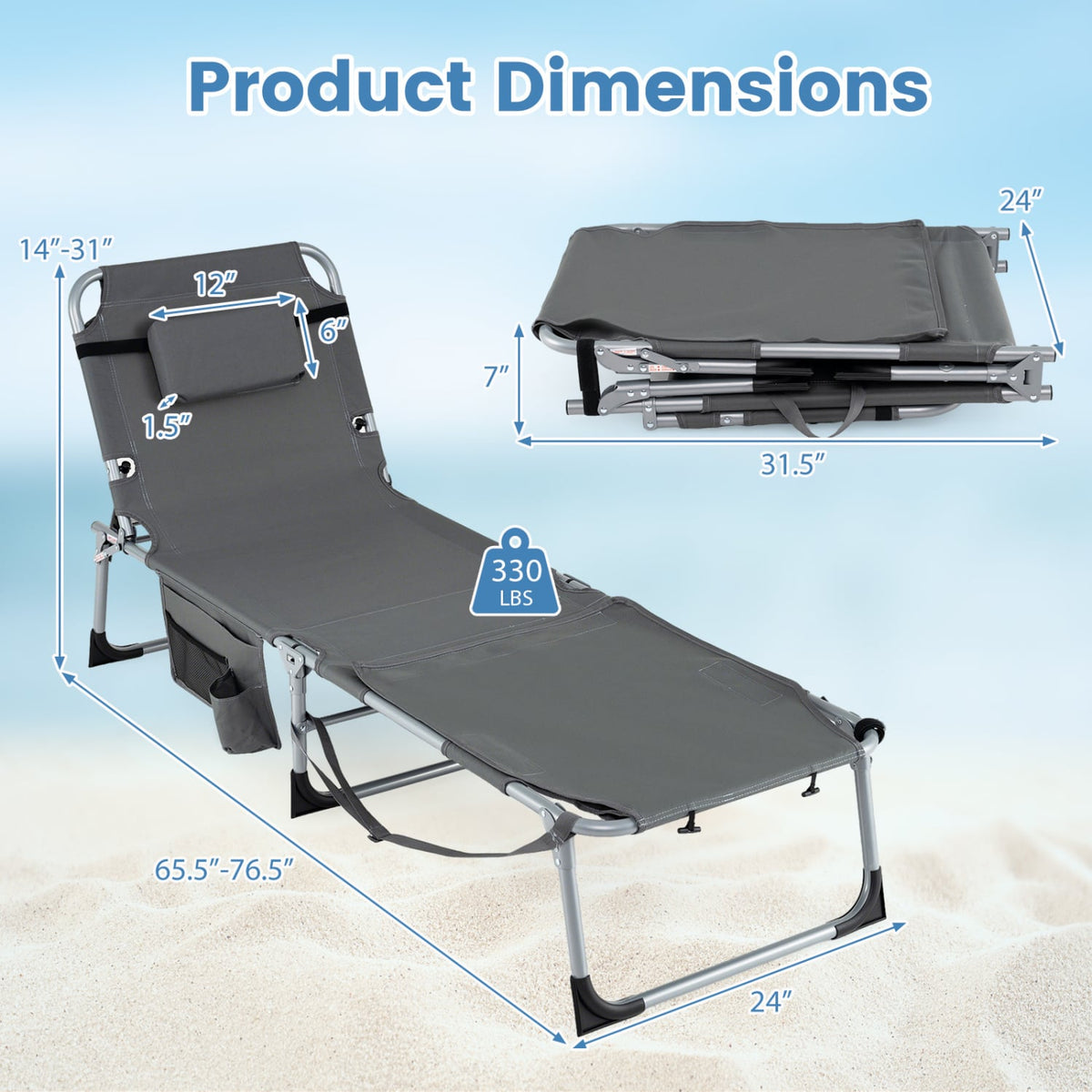 Set of 2 Tanning Chairs with Face Arm Holes Portable with 4-Level Backrest-Gray-Outdoor Chaise Lounges-DECOROLALA