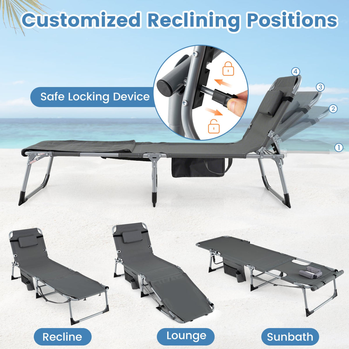 Set of 2 Tanning Chairs with Face Arm Holes Portable with 4-Level Backrest-Gray-Outdoor Chaise Lounges-DECOROLALA