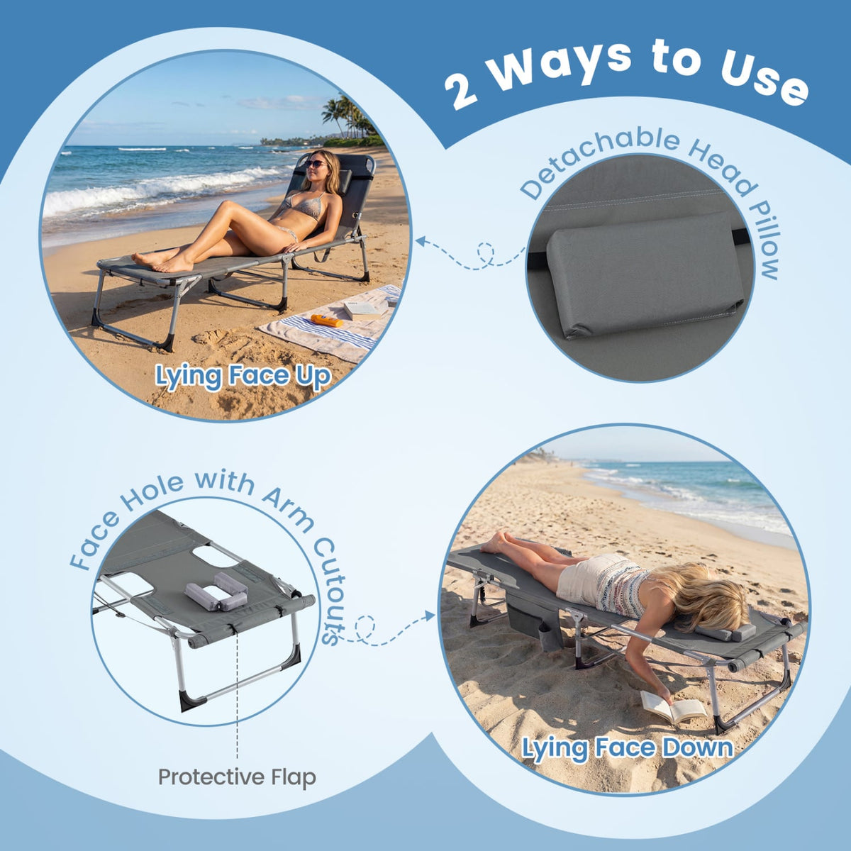 Set of 2 Tanning Chairs with Face Arm Holes Portable with 4-Level Backrest-Gray-Outdoor Chaise Lounges-DECOROLALA