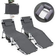 Set of 2 Tanning Chairs with Face Arm Holes Portable with 4-Level Backrest-Gray-Outdoor Chaise Lounges-DECOROLALA