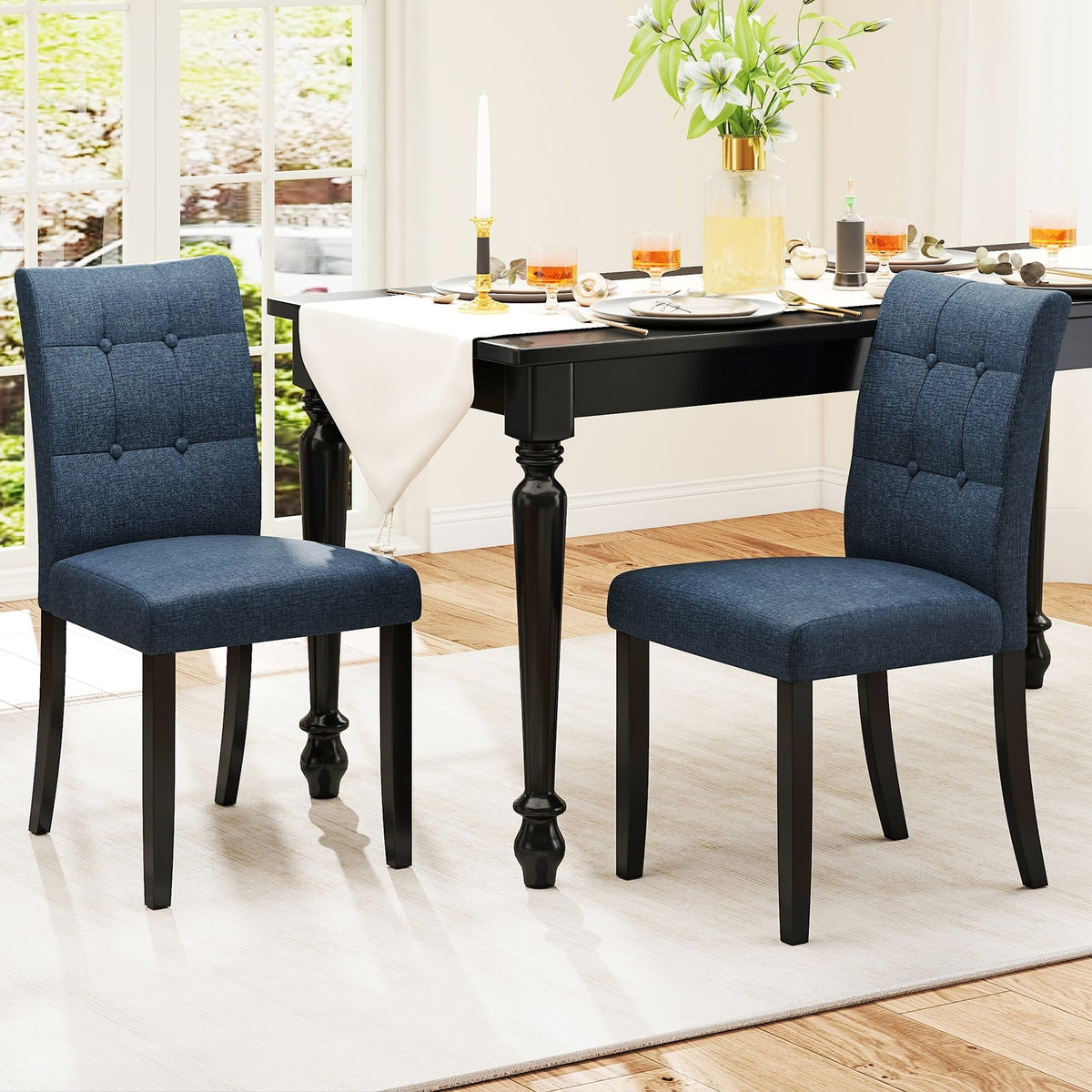 Set of 2 Tufted Dining Chairs Armless with Rubber Wood Legs-Dark Blue-Dining Chairs-DECOROLALA