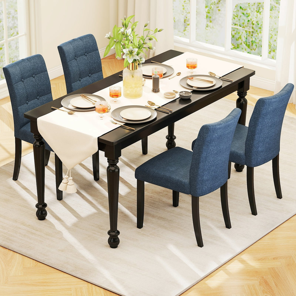 Set of 2 Tufted Dining Chairs Armless with Rubber Wood Legs-Dark Blue-Dining Chairs-DECOROLALA