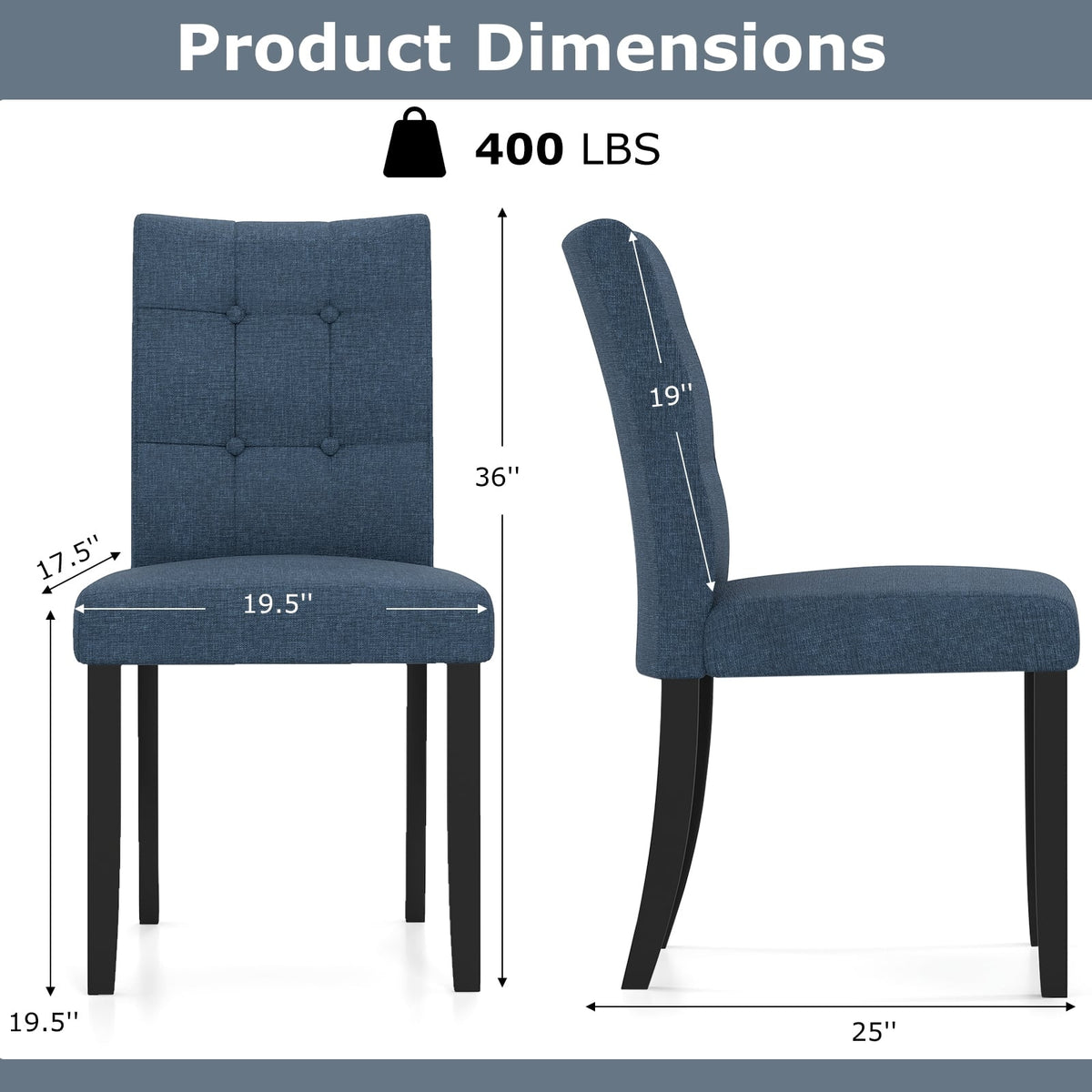 Set of 2 Tufted Dining Chairs Armless with Rubber Wood Legs-Dark Blue-Dining Chairs-DECOROLALA