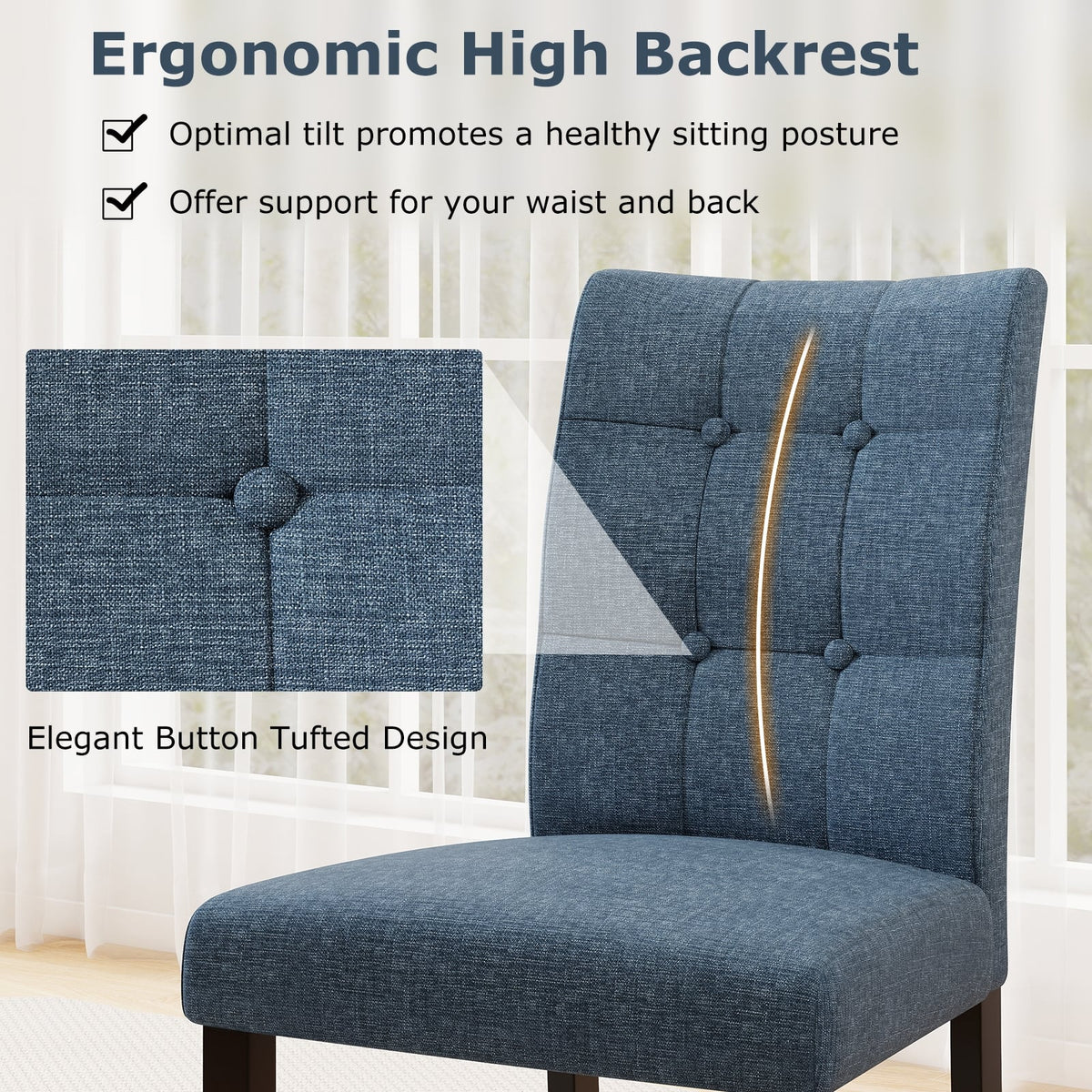 Set of 2 Tufted Dining Chairs Armless with Rubber Wood Legs-Dark Blue-Dining Chairs-DECOROLALA