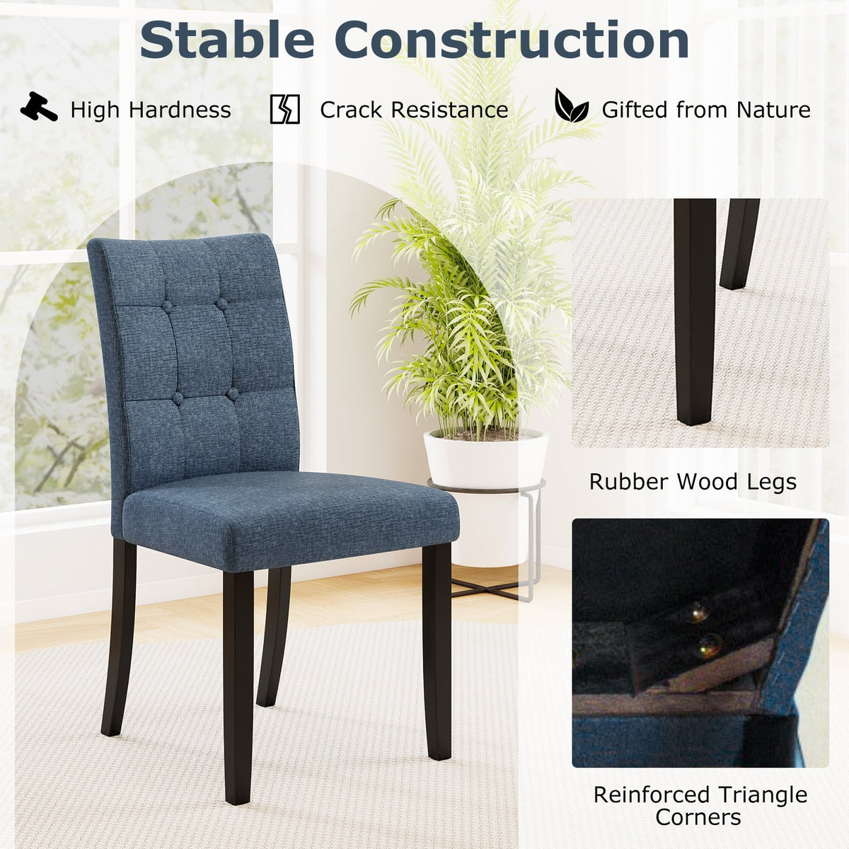 Set of 2 Tufted Dining Chairs Armless with Rubber Wood Legs-Dark Blue-Dining Chairs-DECOROLALA