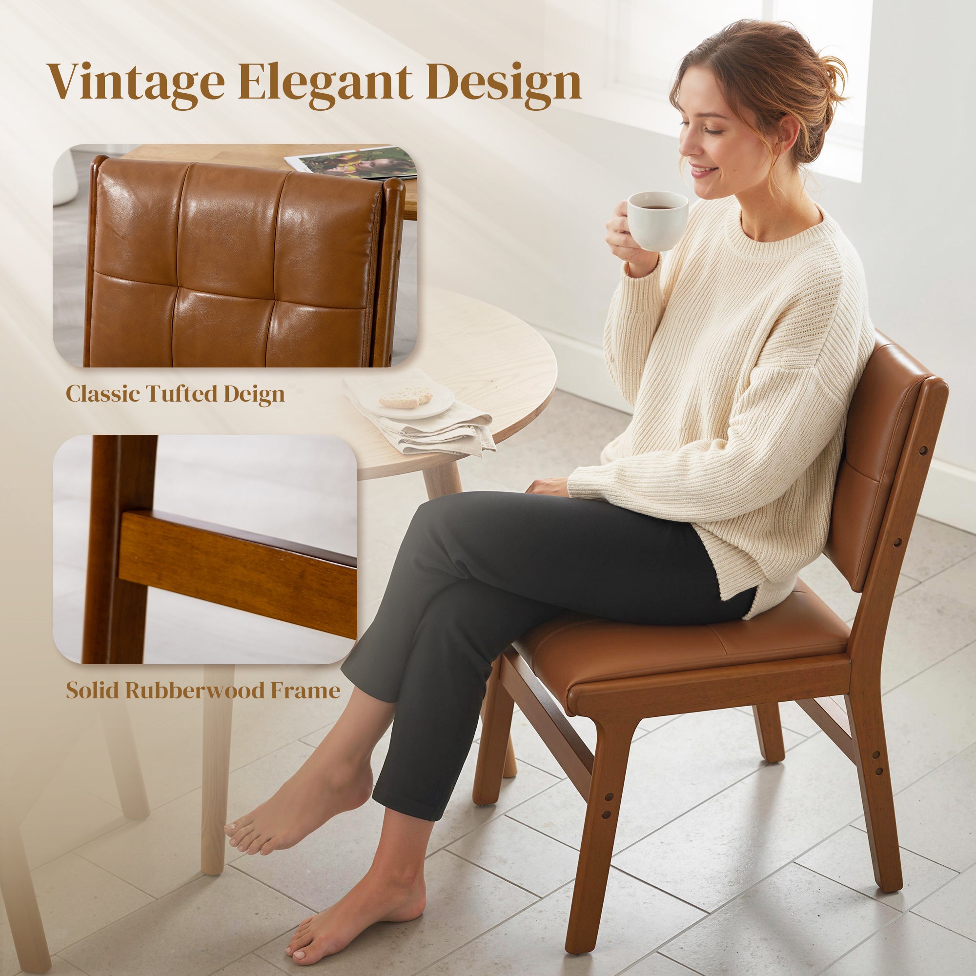Set of 2 Tufted PU Leather Dining Chairs - Brown-DECOROLALA