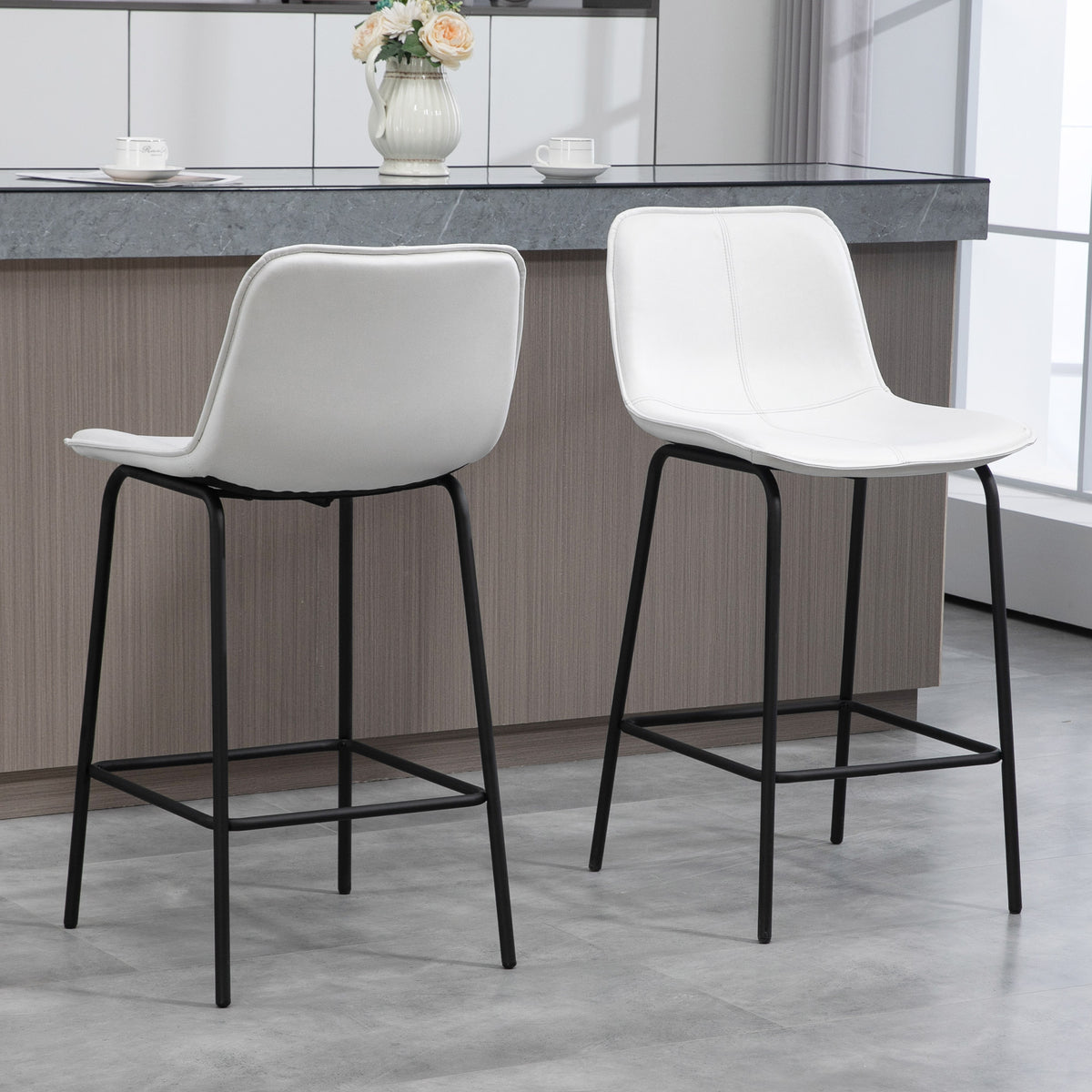 Set of 2 Upholstered Bar Stools - Cream White Microfiber-Home Furnishings > Kitchen & Dining Furniture > Bar Stools-DECOROLALA