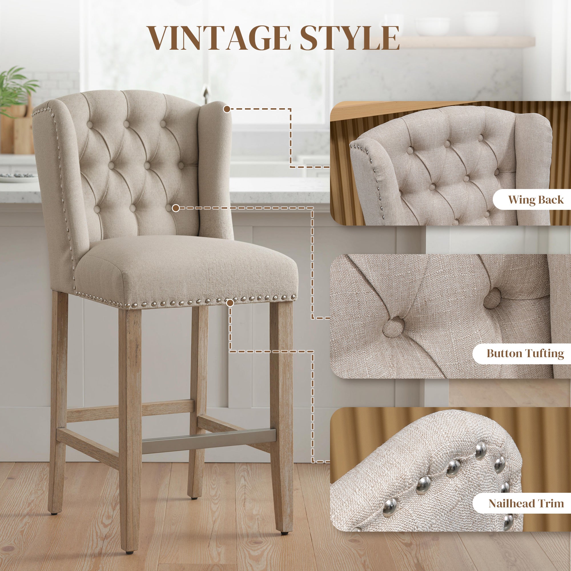 Set of 2 Upholstered Counter Height Bar Stools - Beige-DECOROLALA