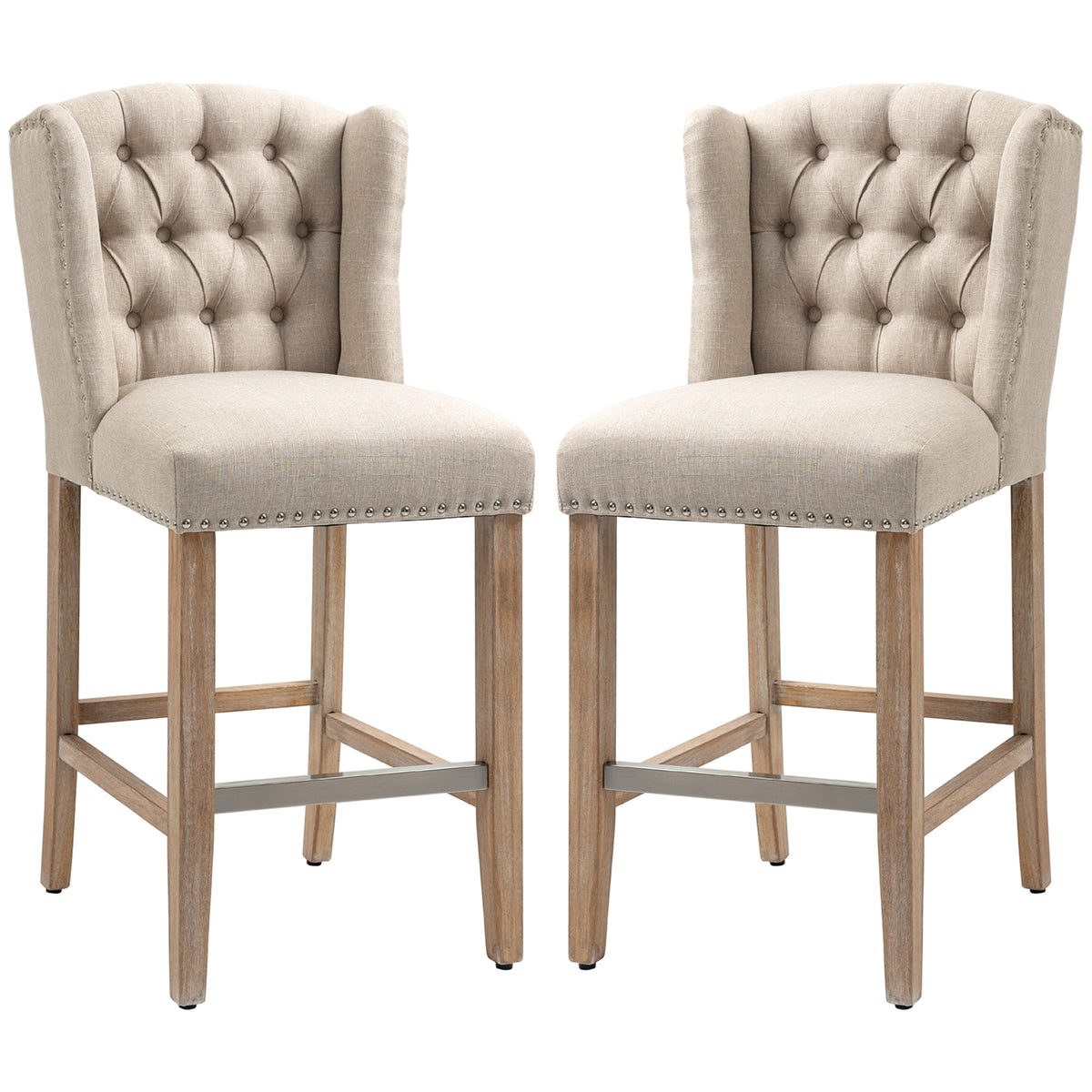 Set of 2 Upholstered Counter Height Bar Stools - Beige-Bar Stools-DECOROLALA