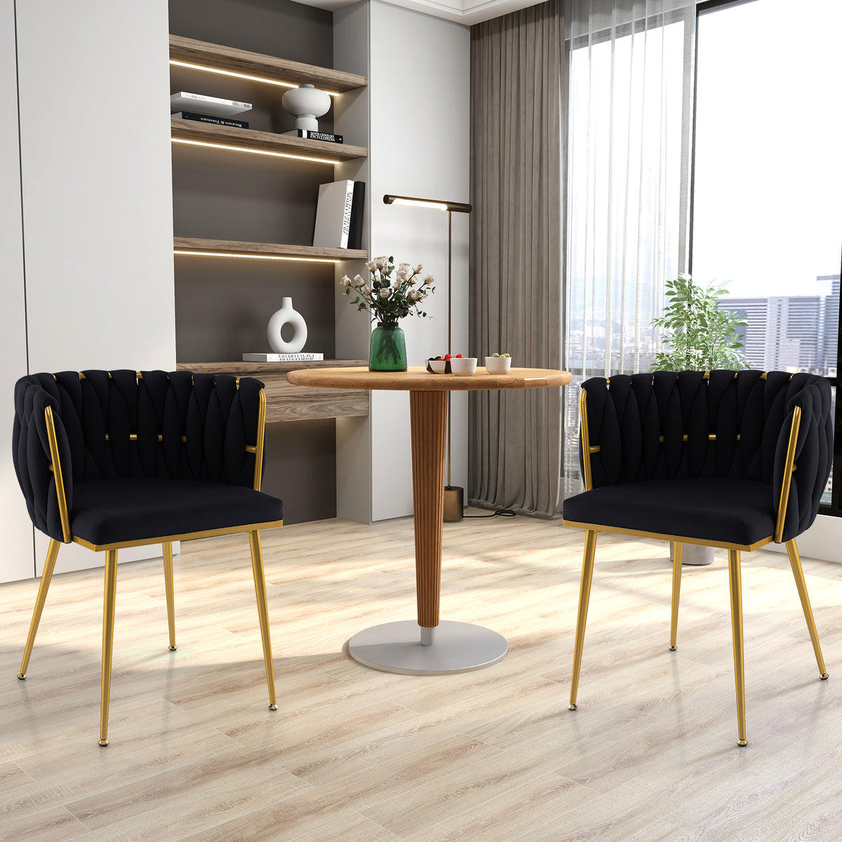 Set of 2 Upholstered Dining Chair w/ Curved Backrest and Metal Tubes-Black-Dining Chairs-DECOROLALA