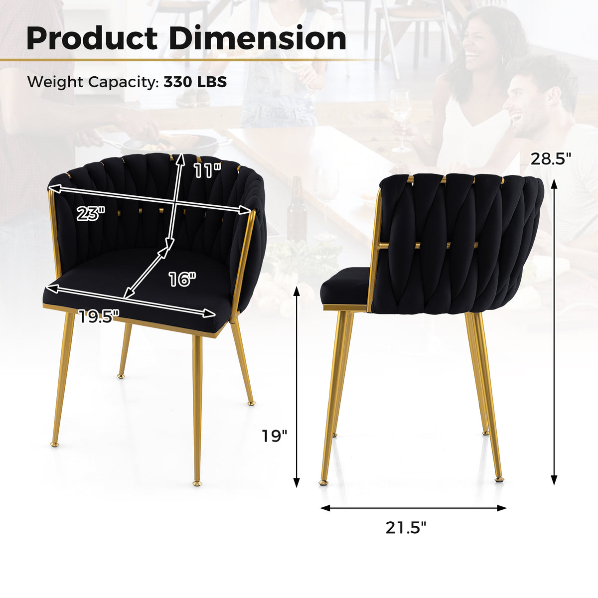 Set of 2 Upholstered Dining Chair w/ Curved Backrest and Metal Tubes-Black-Dining Chairs-DECOROLALA