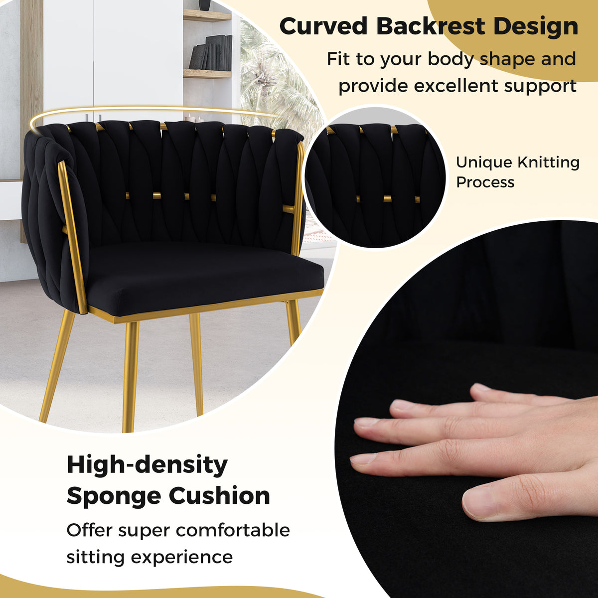 Set of 2 Upholstered Dining Chair w/ Curved Backrest and Metal Tubes-Black-Dining Chairs-DECOROLALA