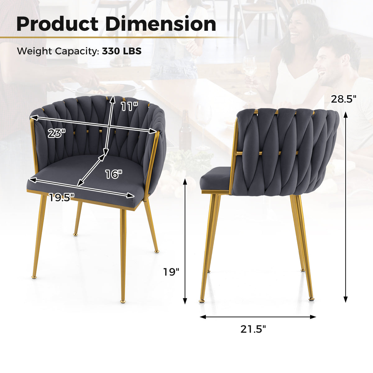 Set of 2 Upholstered Dining Chair w/ Curved Backrest and Metal Tubes-Gray-Dining Chairs-DECOROLALA