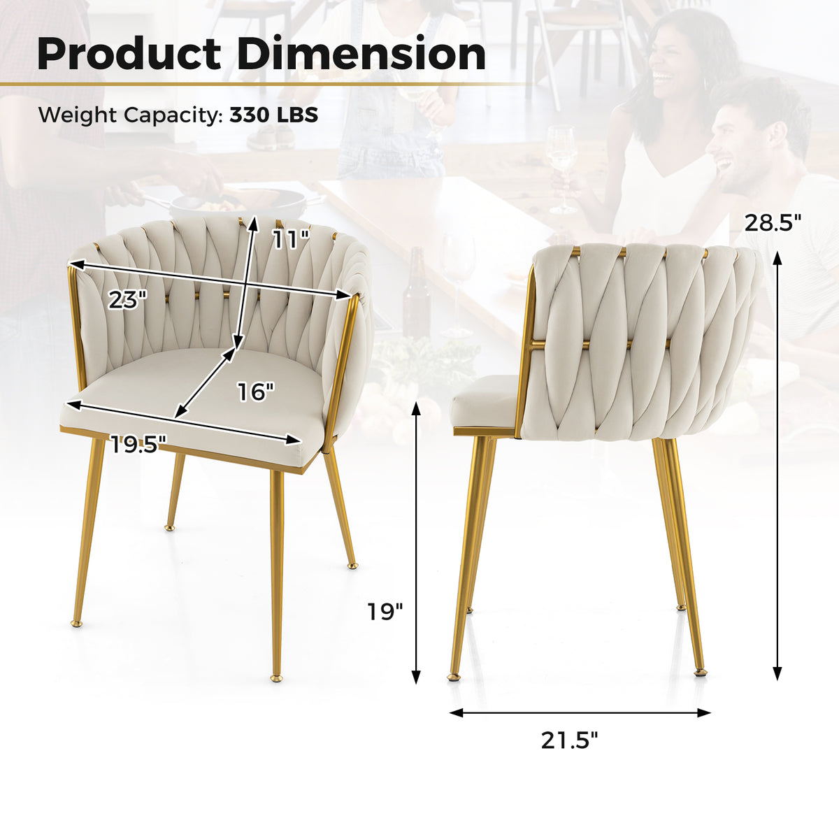 Set of 2 Upholstered Dining Chair w/ Curved Backrest and Metal Tubes-White-Dining Chairs-DECOROLALA
