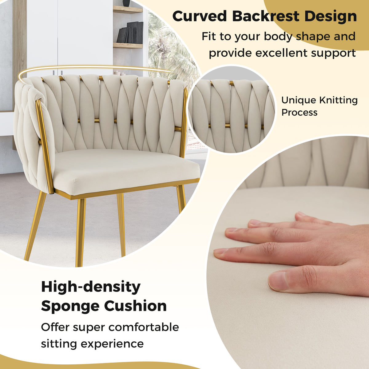 Set of 2 Upholstered Dining Chair w/ Curved Backrest and Metal Tubes-White-Dining Chairs-DECOROLALA