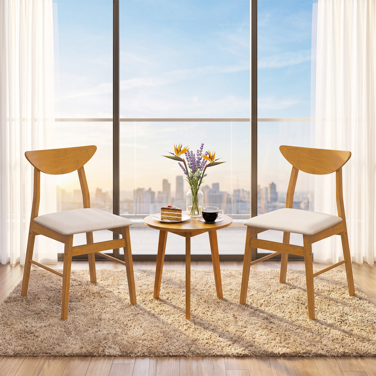 Set of 2 Upholstered Dining Chairs with Curved Backrest and Rubber Wood Frame-Natural-Dining Chairs-DECOROLALA
