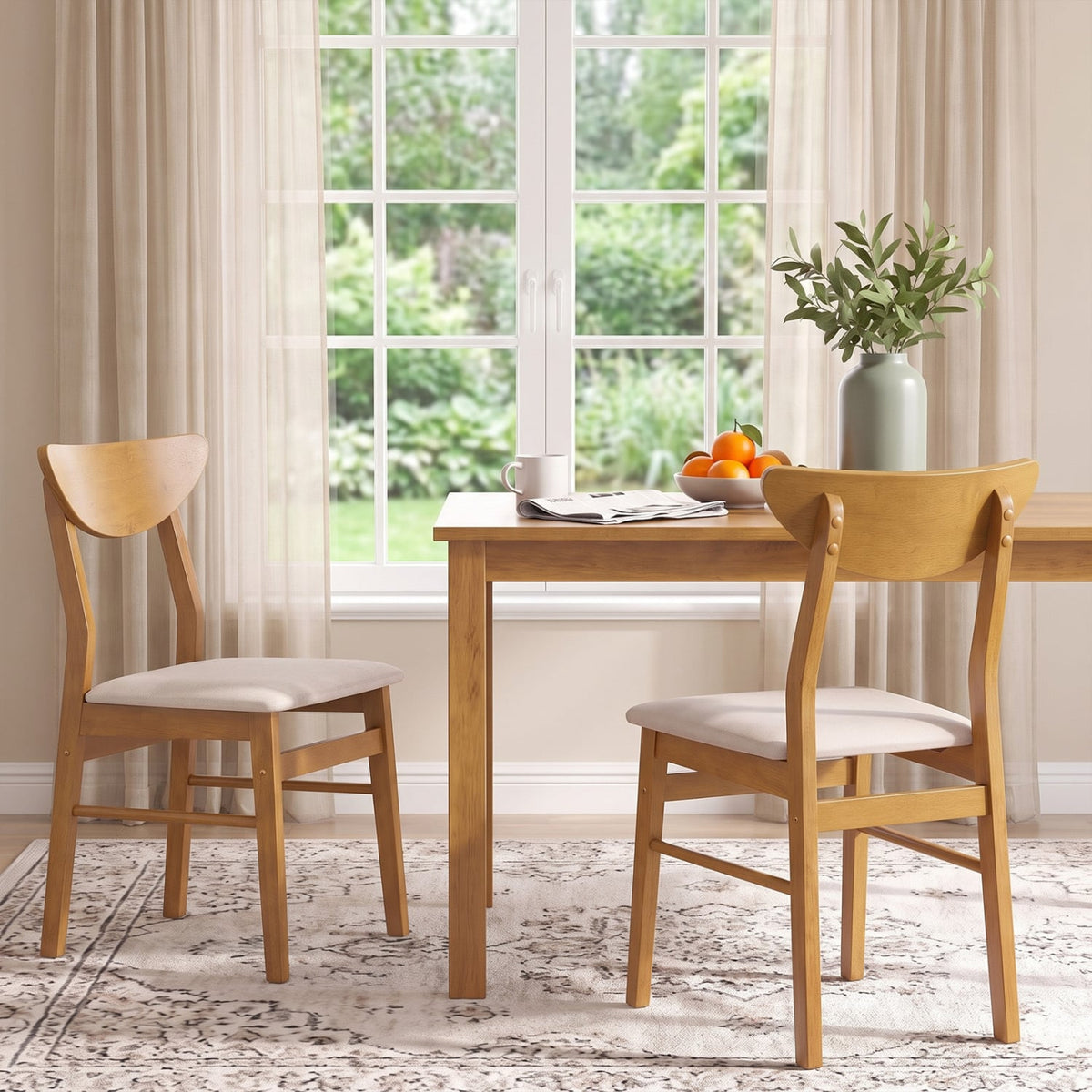 Set of 2 Upholstered Dining Chairs with Curved Backrest and Rubber Wood Frame-Natural-Dining Chairs-DECOROLALA