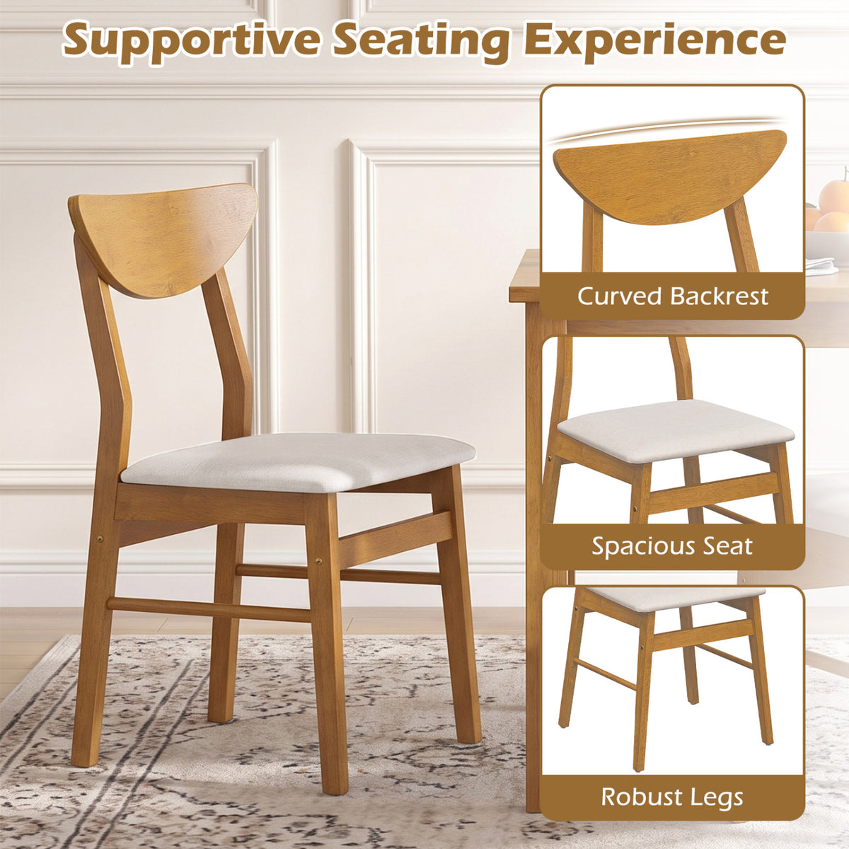 Set of 2 Upholstered Dining Chairs with Curved Backrest and Rubber Wood Frame-Natural-Dining Chairs-DECOROLALA