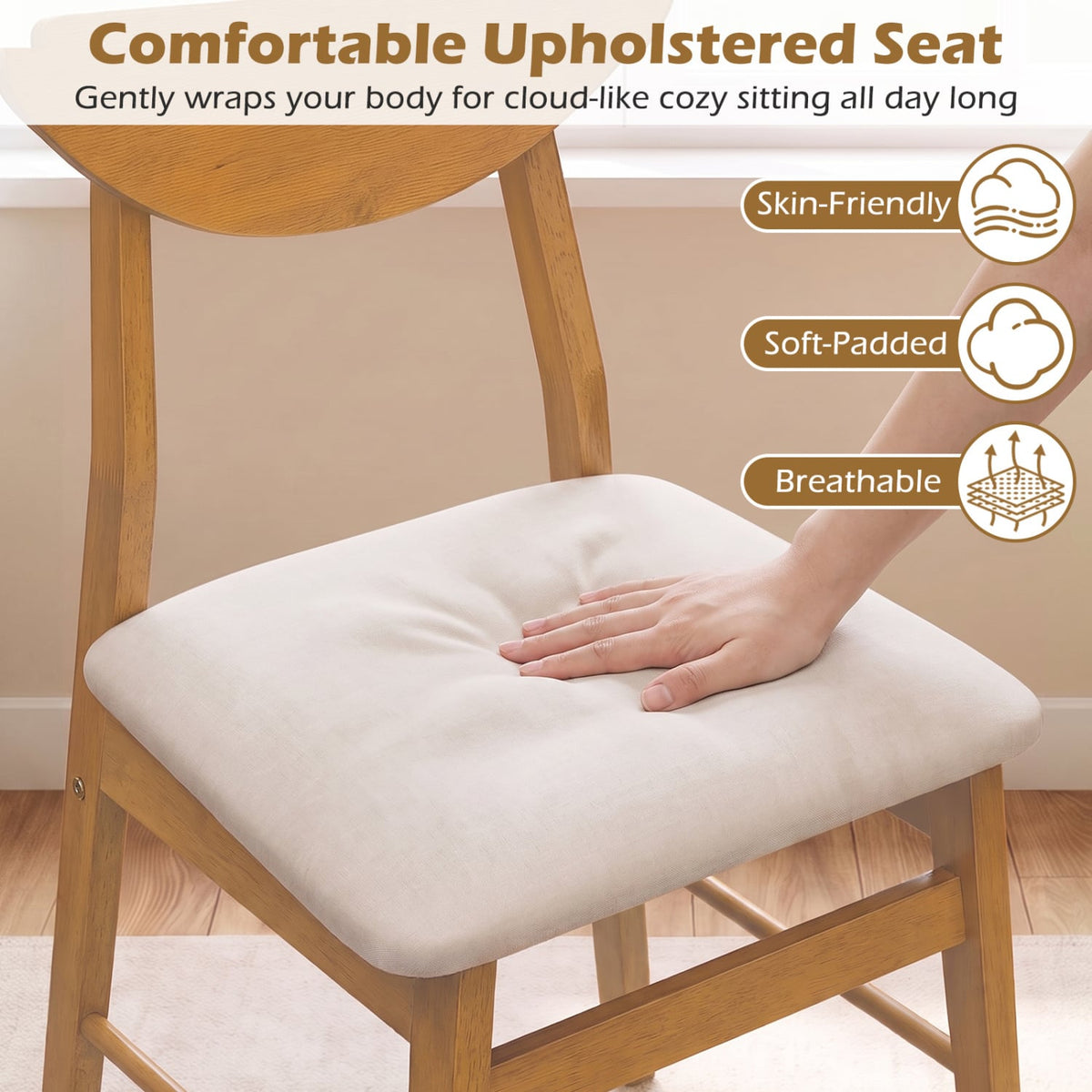 Set of 2 Upholstered Dining Chairs with Curved Backrest and Rubber Wood Frame-Natural-Dining Chairs-DECOROLALA