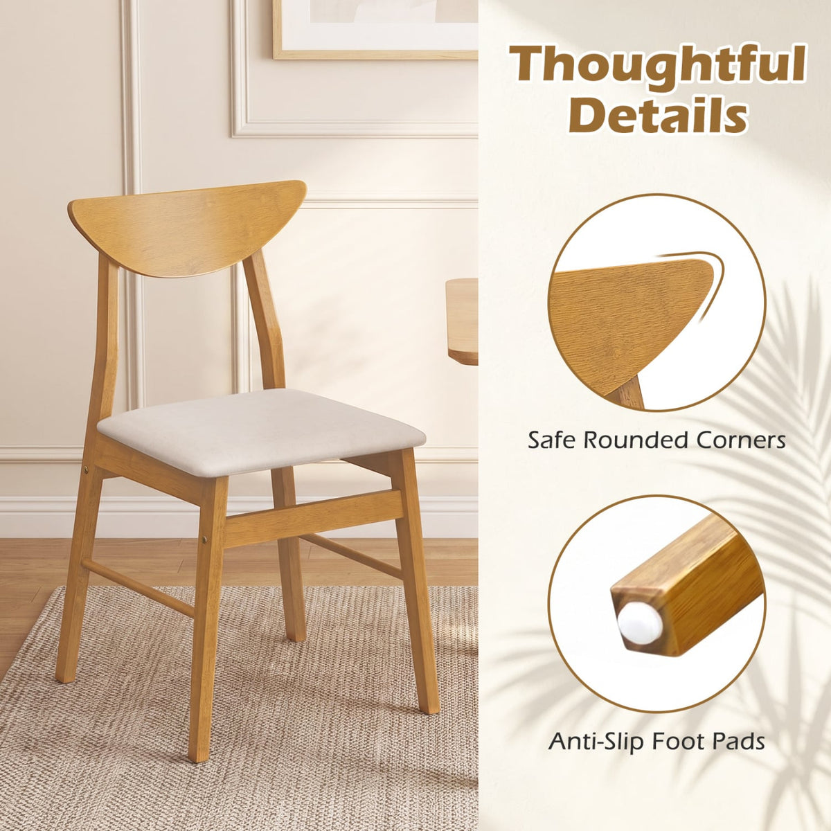Set of 2 Upholstered Dining Chairs with Curved Backrest and Rubber Wood Frame-Natural-Dining Chairs-DECOROLALA