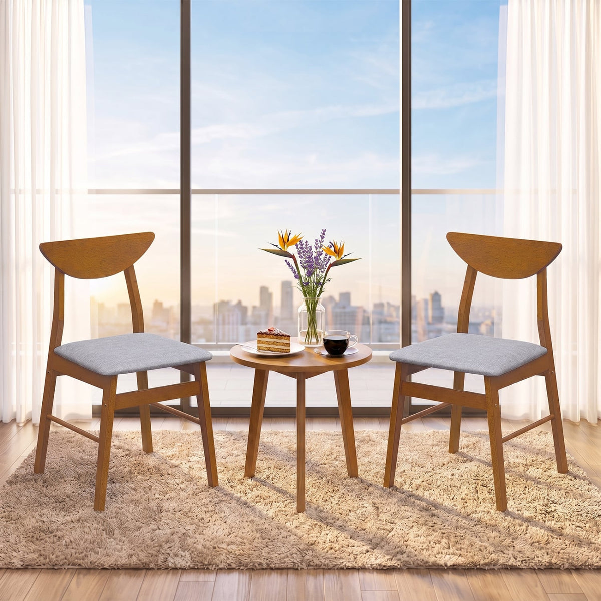 Set of 2 Upholstered Dining Chairs with Curved Backrest and Rubber Wood Frame-Walnut-Dining Chairs-DECOROLALA