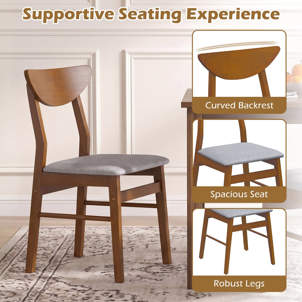 Set of 2 Upholstered Dining Chairs with Curved Backrest and Rubber Wood Frame-Walnut-Dining Chairs-DECOROLALA