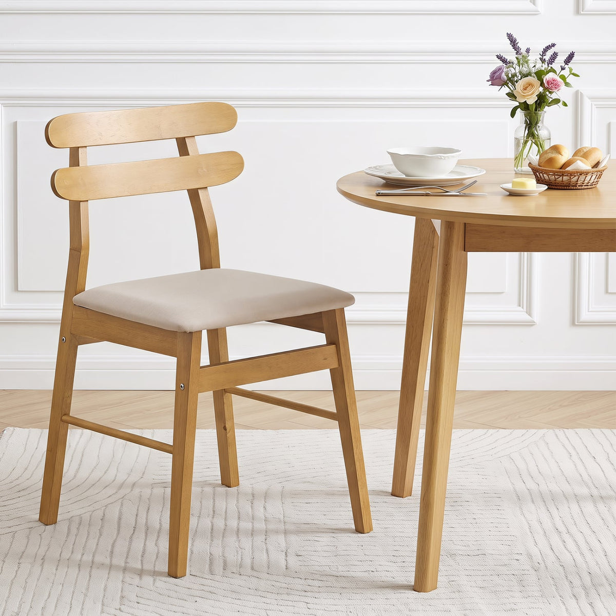 Set of 2 Upholstered Dining Chairs with Padded Seat and Solid Wood Legs-Natural-Dining Chairs-DECOROLALA