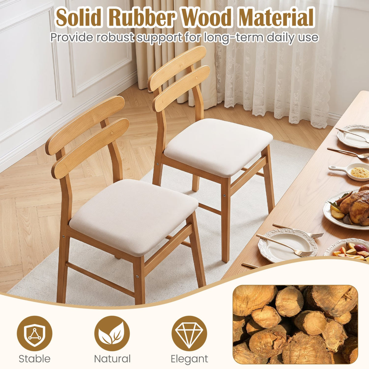 Set of 2 Upholstered Dining Chairs with Padded Seat and Solid Wood Legs-Natural-Dining Chairs-DECOROLALA