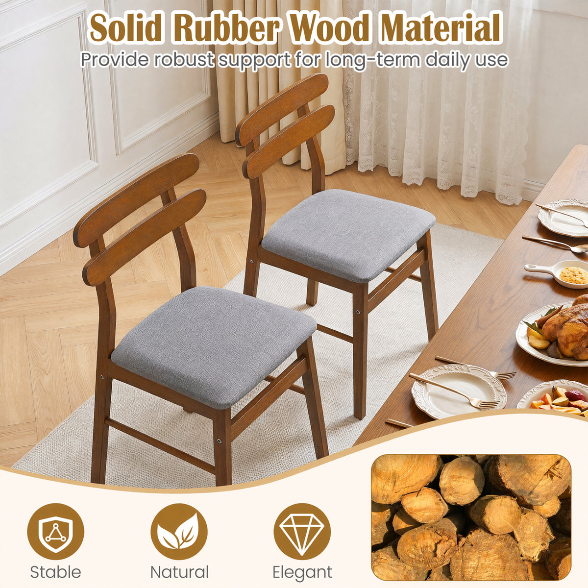 Set of 2 Upholstered Dining Chairs with Padded Seat and Solid Wood Legs-Walnut-Dining Chairs-DECOROLALA