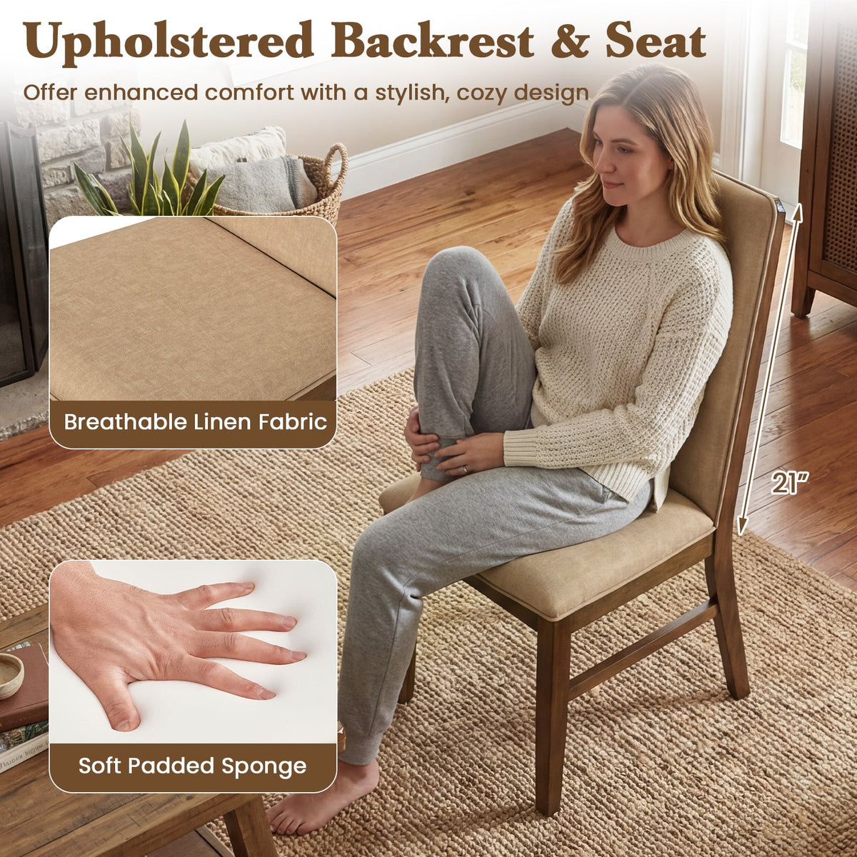 Set of 2 Upholstered Dining Chairs with Solid Rubber Wood Legs-Brown-Dining Chairs-DECOROLALA