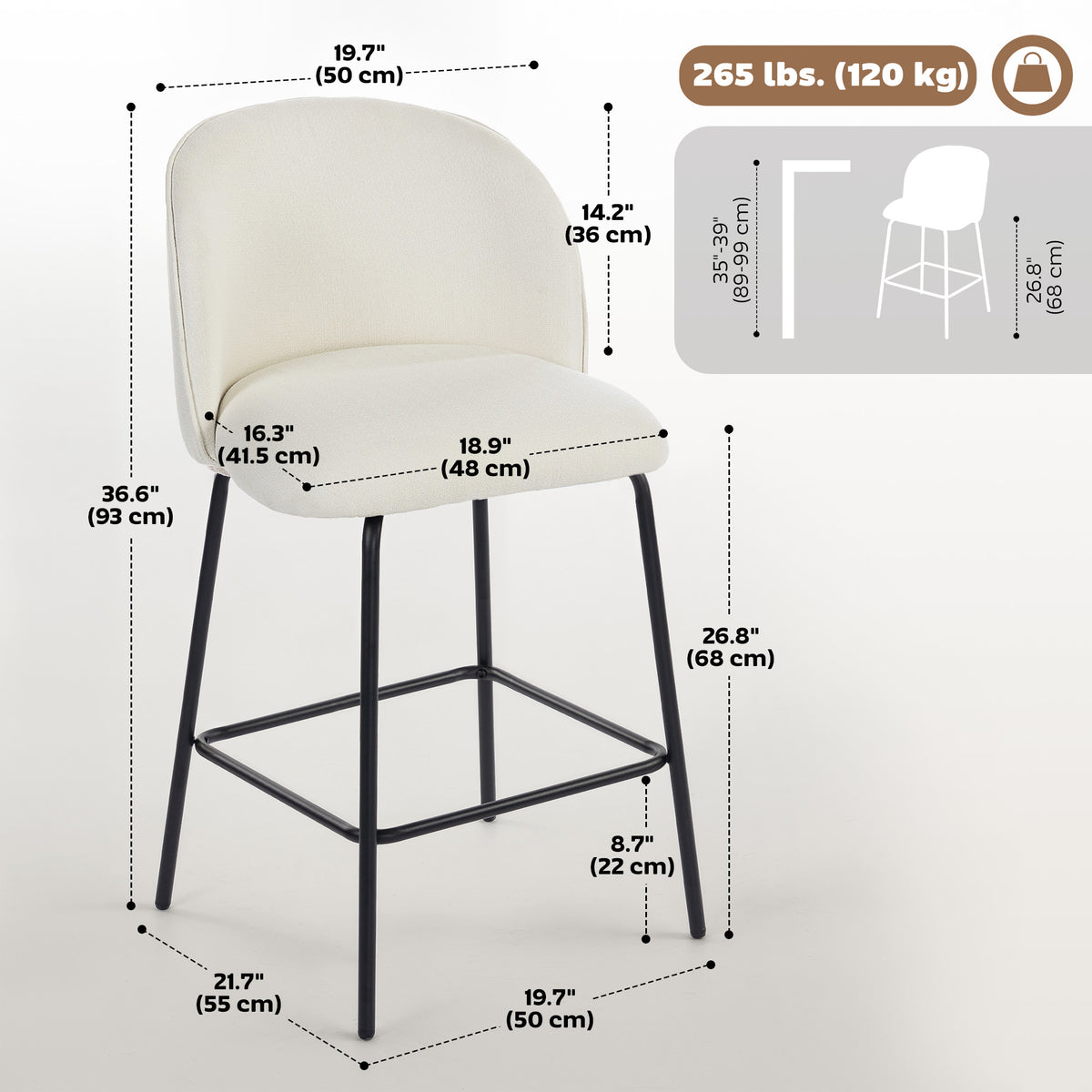 Set of 2 Upholstered Linen Counter Height Barstools - Cream White-Home Furnishings > Kitchen & Dining Furniture > Bar Stools-DECOROLALA