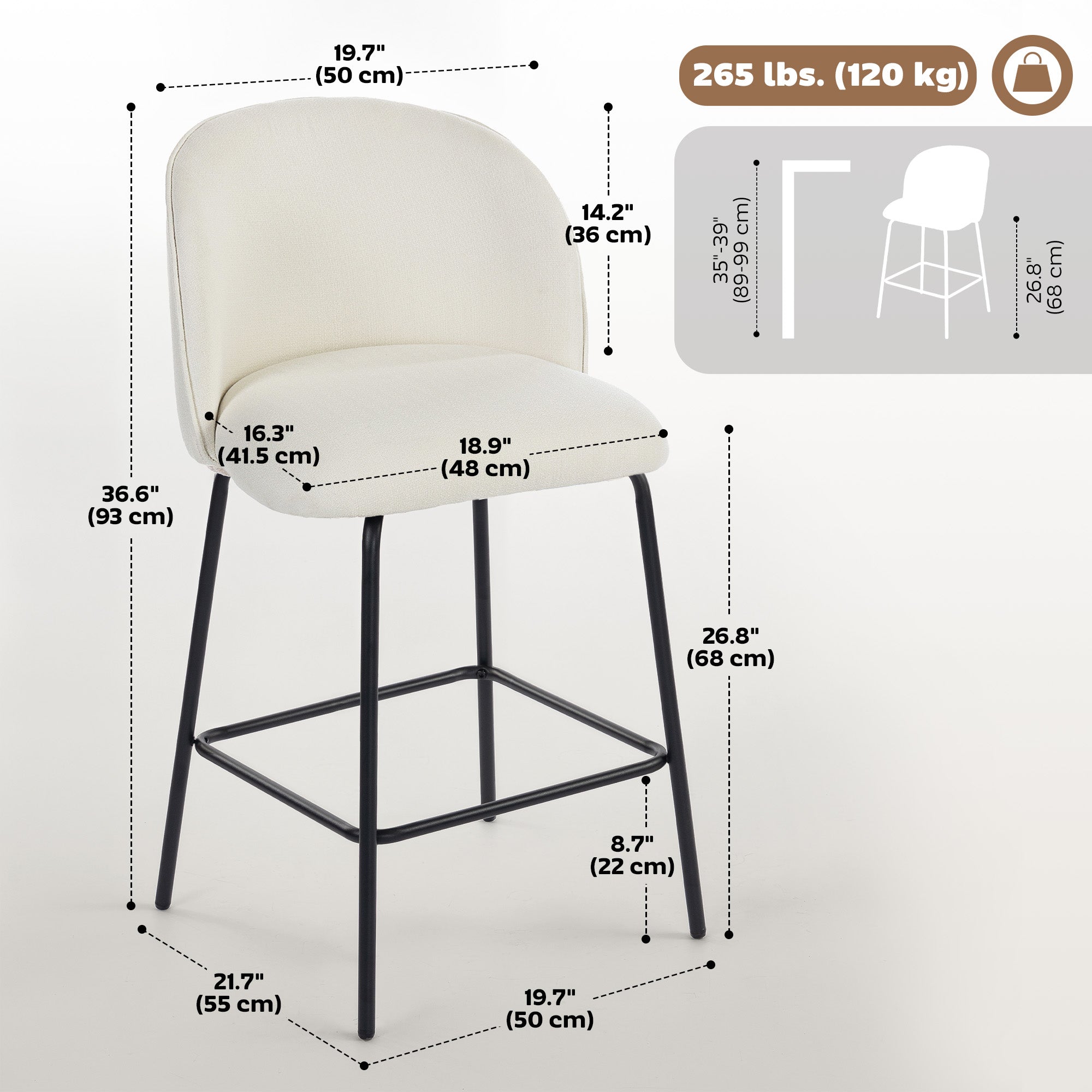Set of 2 Upholstered Linen Counter Height Barstools - Cream White-Home Furnishings > Kitchen & Dining Furniture > Bar Stools-DECOROLALA