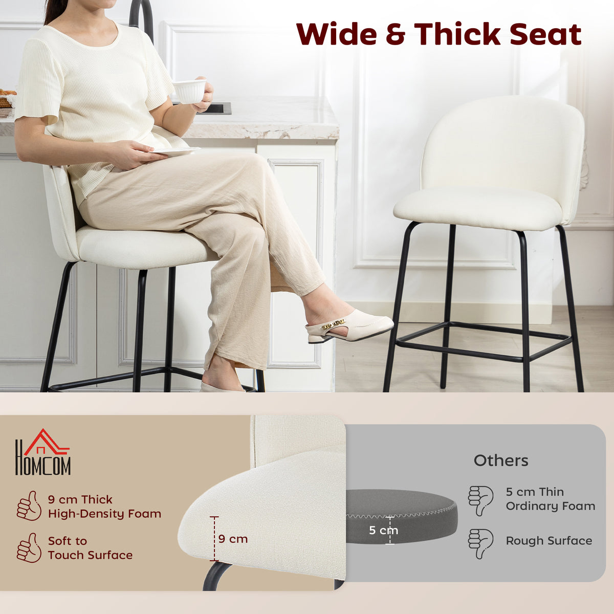 Set of 2 Upholstered Linen Counter Height Barstools - Cream White-Home Furnishings > Kitchen & Dining Furniture > Bar Stools-DECOROLALA