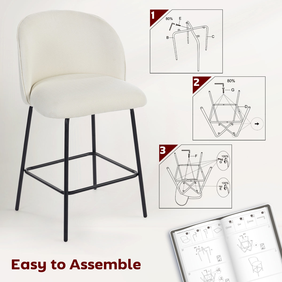 Set of 2 Upholstered Linen Counter Height Barstools - Cream White-Home Furnishings > Kitchen & Dining Furniture > Bar Stools-DECOROLALA