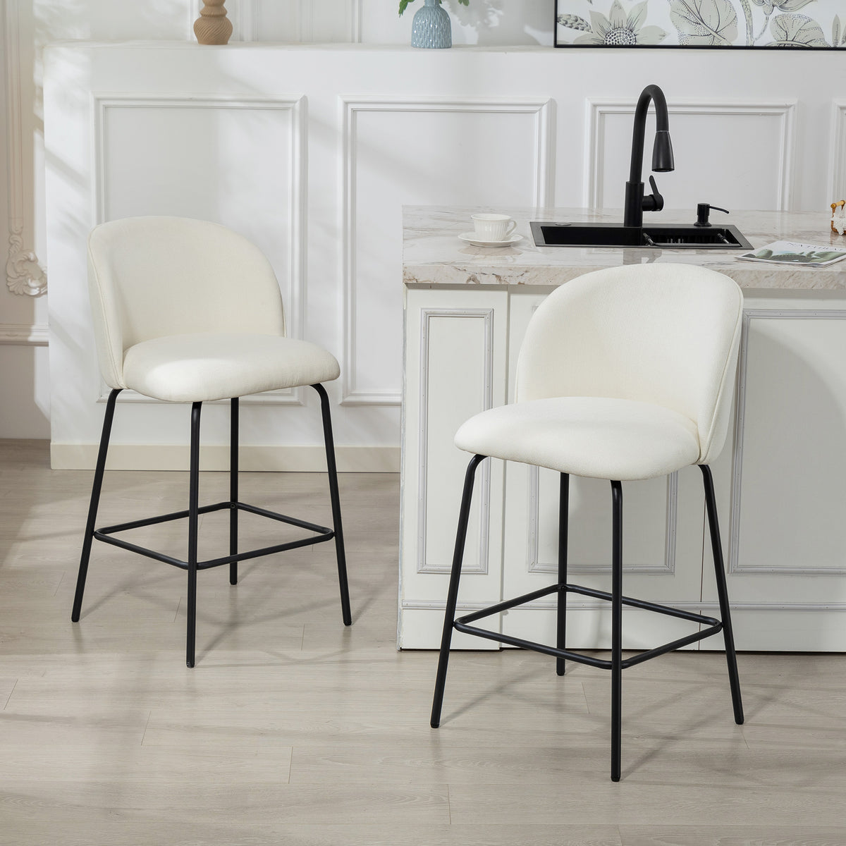 Set of 2 Upholstered Linen Counter Height Barstools - Cream White-Home Furnishings > Kitchen & Dining Furniture > Bar Stools-DECOROLALA
