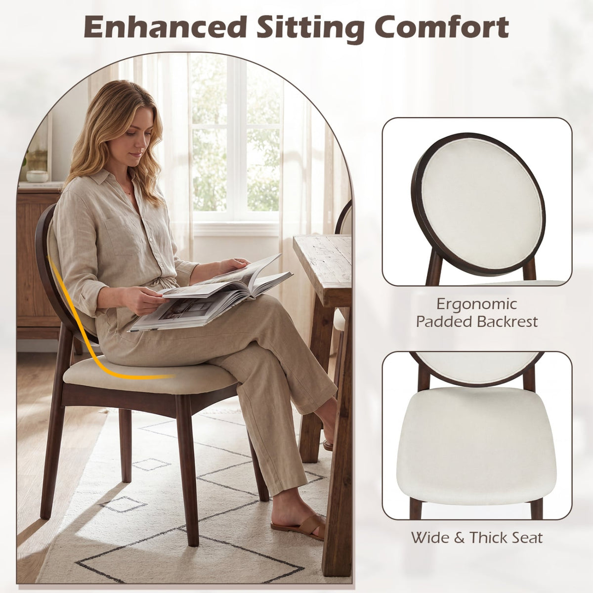 Set of 2 Upholstered Linen Fabric Kitchen Side Chairs with Padded Seat-Beige-Dining Chairs-DECOROLALA