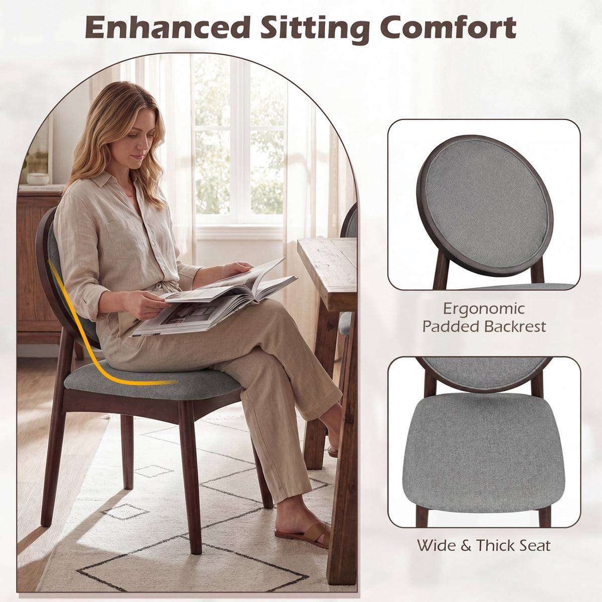 Set of 2 Upholstered Linen Fabric Kitchen Side Chairs with Padded Seat-Gray-Dining Chairs-DECOROLALA