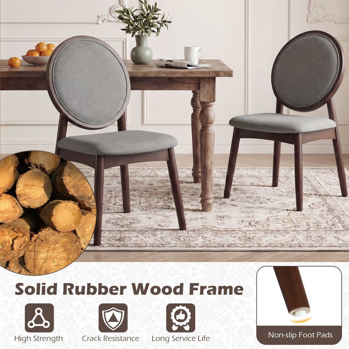 Set of 2 Upholstered Linen Fabric Kitchen Side Chairs with Padded Seat-Gray-Dining Chairs-DECOROLALA