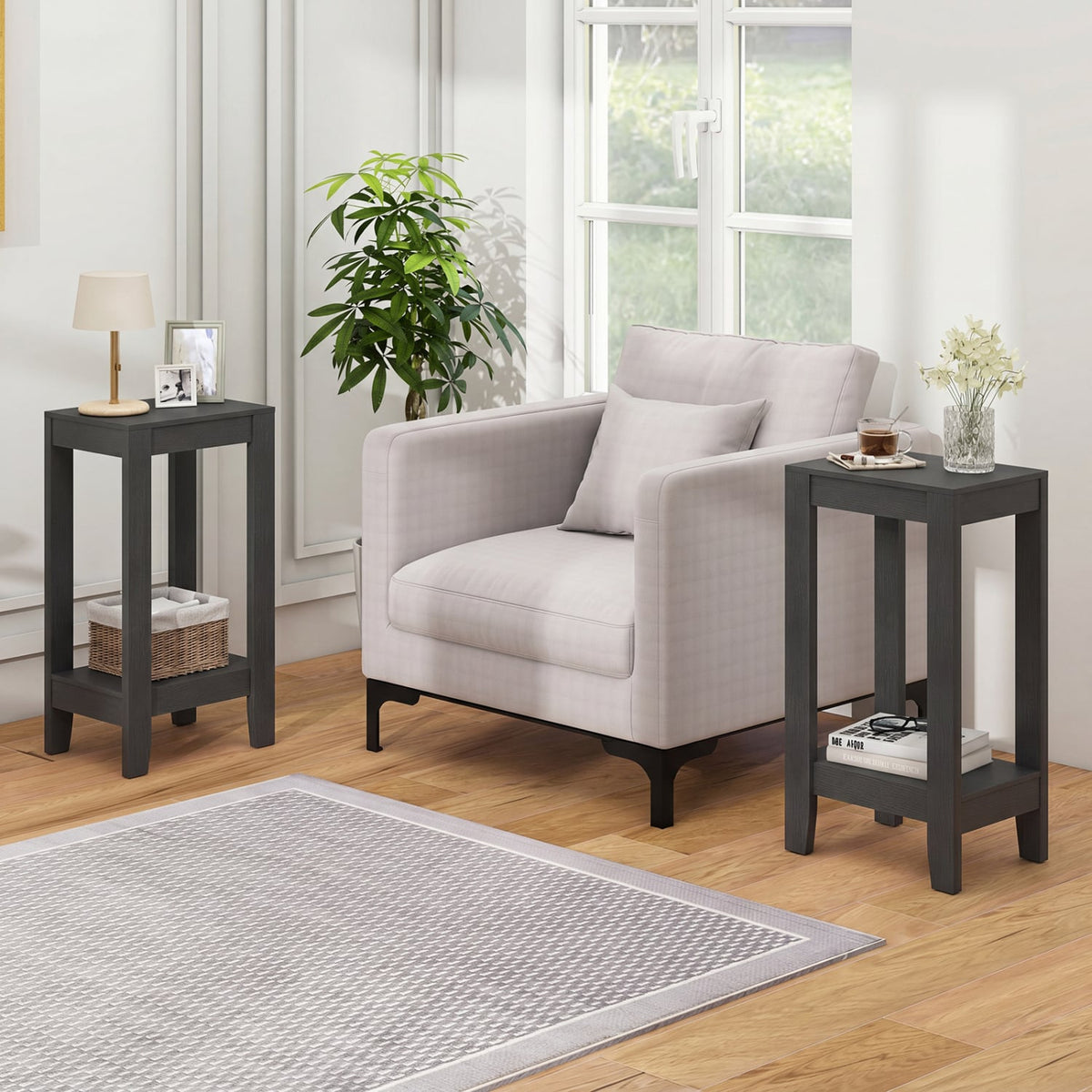 Set of 2 Versatile 2-Tier End Table with Storage Shelf-Black-End & Side Tables-DECOROLALA