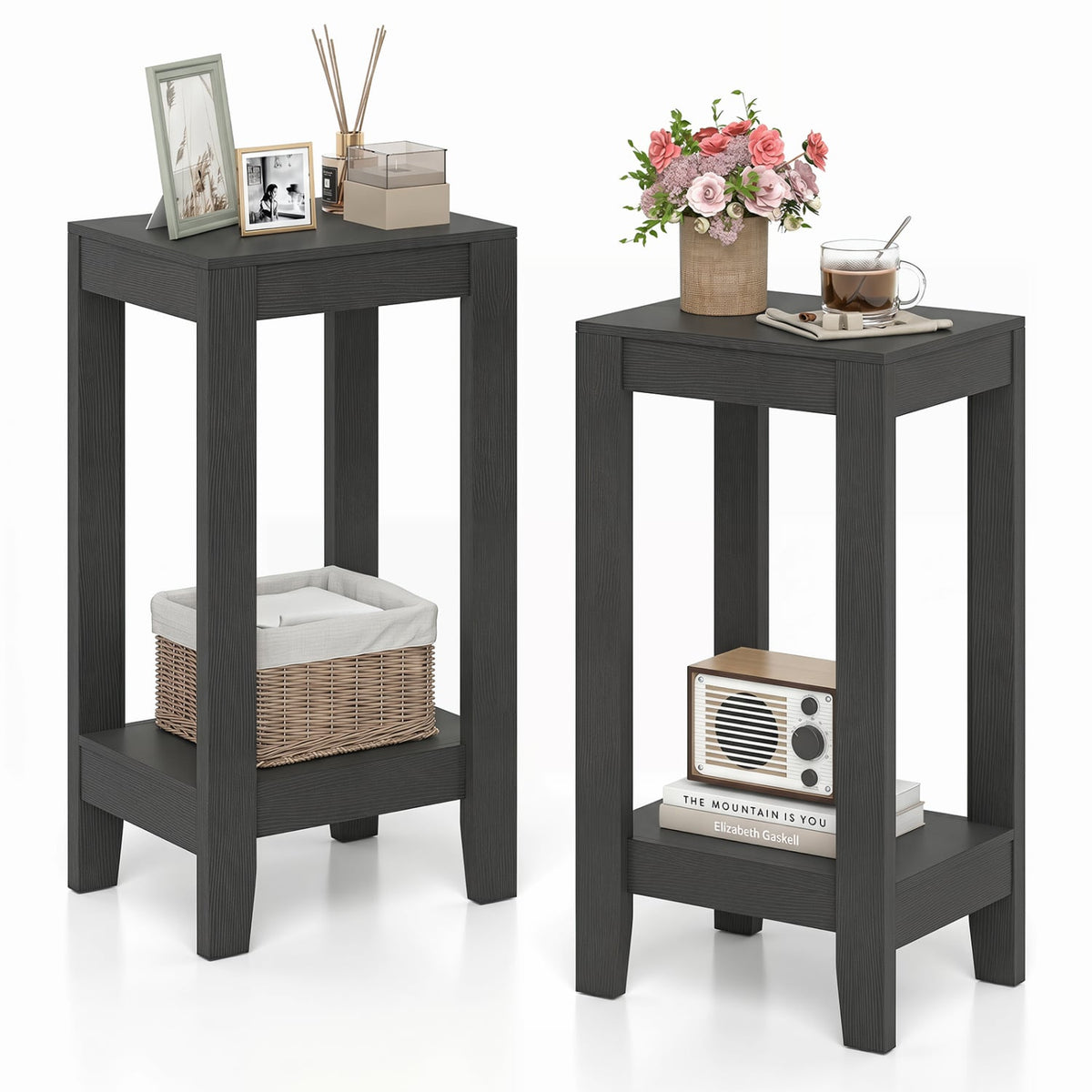 Set of 2 Versatile 2-Tier End Table with Storage Shelf-Black-End & Side Tables-DECOROLALA