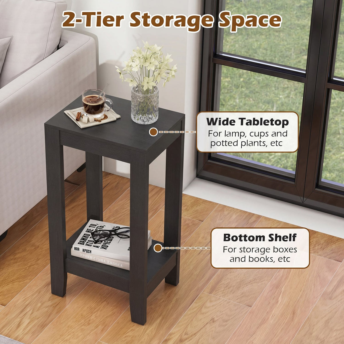 Set of 2 Versatile 2-Tier End Table with Storage Shelf-Black-End & Side Tables-DECOROLALA