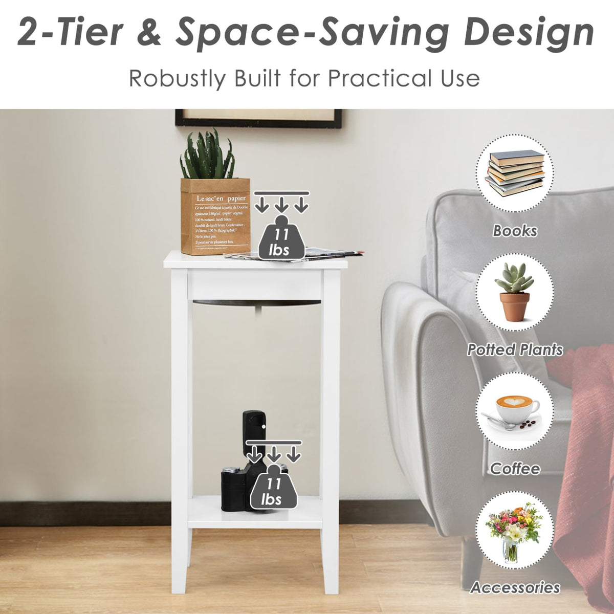 Set of 2 Versatile 2-Tier End Table with Storage Shelf-White-End & Side Tables-DECOROLALA